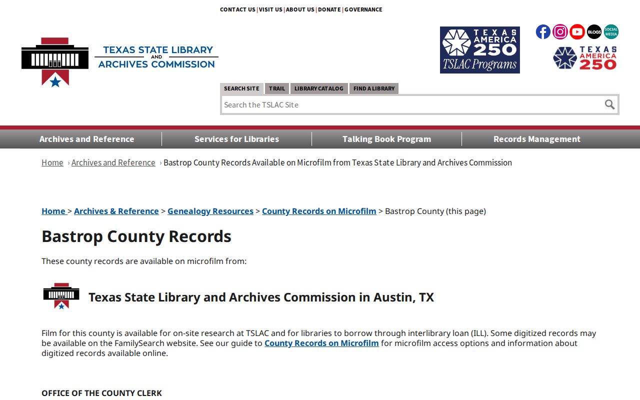 Bastrop County historical records source at Texas State Library and Archives
